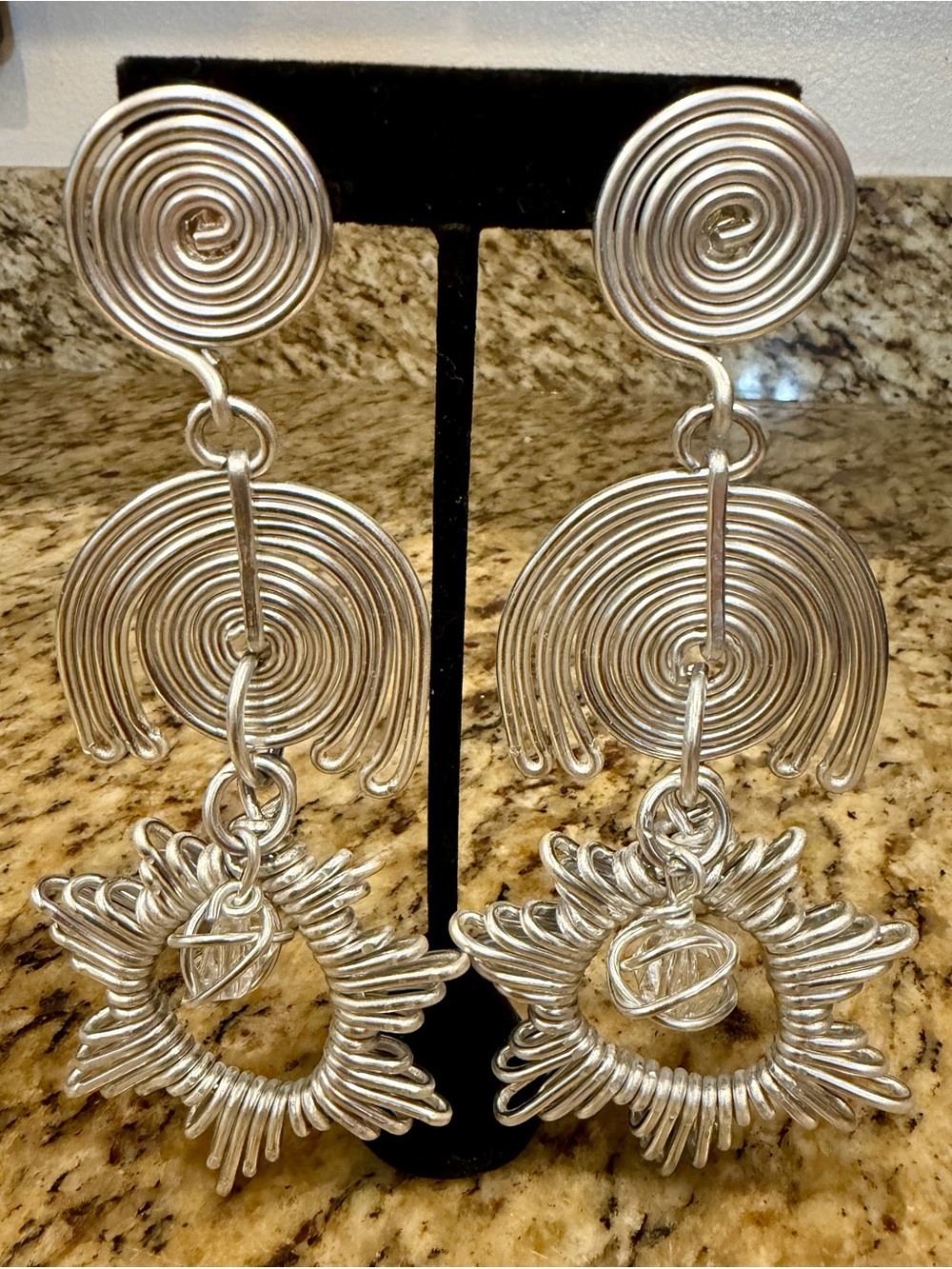 Silver Spiral Drop Statement Earrings - Women Jewelry